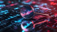 Magnifying glass on digital stock market data visualization with red and blue neon lighting effect, financial analysis and trading concept background.