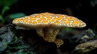 Orange spotted mushroom with white dots growing on dark forest log in natural woodland environment for nature photography and botanical studies.
