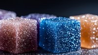 Colorful sugar-coated gummy candy cubes in blue, pink, orange, and purple against dark background. Sweet treats for dessert decoration or confectionery design.