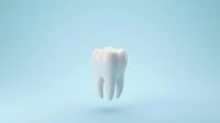 White tooth model floating on soft blue gradient background for dental healthcare and oral hygiene concepts in medical presentations and advertising.
