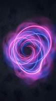 Glowing neon spiral vortex with pink and blue light trails swirling against dark textured background. Perfect for tech, music, and digital design projects.