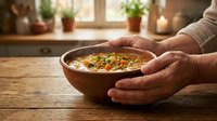 Hands holding wooden bowl with healthy vegetable soup on rustic kitchen table with warm natural lighting and plants in cozy home setting.