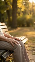 Senior man relaxing on park bench during golden hour autumn day with warm sunlight filtering through colorful fall foliage creating peaceful atmosphere.
