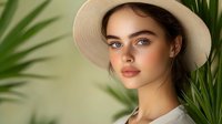 Young Caucasian woman with blue eyes wearing beige sun hat among tropical palm leaves in natural light for summer fashion and lifestyle content.