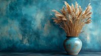 Dried wheat stalks in turquoise ceramic vase against textured blue wall background. Natural boho home decor composition with dramatic lighting and copy space.