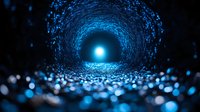 Dark tunnel with glowing blue light at end, surrounded by sparkling bokeh effects creating mystical atmosphere. Perspective view through illuminated pathway.