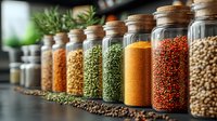 Colorful spices, legumes and seasonings in glass jars arranged in row on dark wooden surface. Fresh herbs and aromatic ingredients for cooking and food styling.