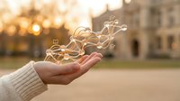 Caucasian woman's hand holding glowing light bulb filament against blurred mansion background at sunset, representing innovation, ideas, and creative thinking for business concepts.