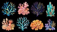 Colorful coral reef elements set, isolated on transparent background. Eight watercolor-style ocean corals for stickers, clipart, t-shirt design, and print on demand use.