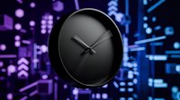 Modern black wall clock with minimalist design against vibrant purple and blue neon lights background for contemporary interior decor and time management.