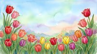 Watercolor tulip field with colorful blooming flowers in red, yellow, pink, and purple against a soft pastel sky and green meadow.
