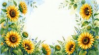 Watercolor sunflower border frame with green leaves on white background for greeting cards, invitations and seasonal decorations.