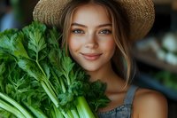 Young Caucasian woman in straw hat holding fresh green celery and parsley at farmers market, promoting healthy eating and organic produce.