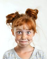 Young redhead girl with freckles making funny surprised expression, double bun hairstyle, wearing casual striped top against white background. Great for emotion and childhood concepts.