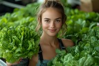 Young woman with light skin tone and blonde hair holding fresh lettuce in an organic garden, promoting healthy eating and sustainable farming practices.