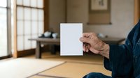 Senior man with wrinkled hands holding blank white card in modern living room with natural light from window, suitable for greeting cards and promotional messaging.