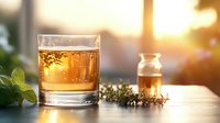 Whiskey glass with golden liquid catching sunset light, aromatic herbs and small bottle on wooden surface create cozy evening atmosphere.