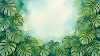Lush tropical monstera leaves frame a soft watercolor sky with misty clouds, creating a serene botanical background for design projects.