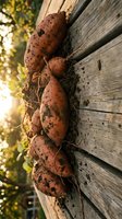 Freshly harvested sweet potatoes with soil and roots on rustic wooden surface, warm sunlight in background, farm-to-table concept.