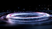 Glowing spiral light trail with purple and blue neon effect against dark background, sparkling particles create magical atmosphere for abstract design backgrounds.