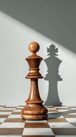 Wooden chess pawn casting queen shadow on white wall, symbolizing potential and strategic transformation in business and leadership.