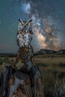 Majestic great horned owl perched on weathered stump against starry night sky with Milky Way galaxy, mountains and desert landscape in background.