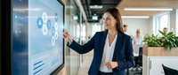 Professional businesswoman in navy suit presenting data analytics on interactive digital display in modern corporate office environment.