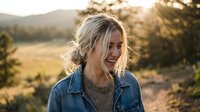 Young blonde woman laughing joyfully in denim jacket during golden hour sunset in countryside field with mountains and trees in background.