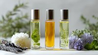 Aromatic essential oils in glass bottles with fresh herbs and flowers, showcasing natural ingredients for aromatherapy and skincare products.