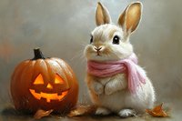 Adorable white bunny wearing pink scarf next to glowing jack o'lantern pumpkin on autumn background with fallen leaves, creating magical Halloween atmosphere.