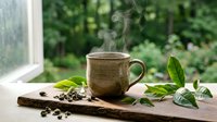 Steaming ceramic mug with hot coffee on wooden board near window with green leaves and coffee beans creating cozy morning atmosphere for cafe branding.