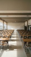 Modern university lecture hall with wooden desks and chairs arranged in rows under natural lighting from large windows for educational presentations.