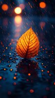 Orange autumn leaf with water drops in rain, illuminated against dark blue background with bokeh lights and reflections. Macro nature photography.