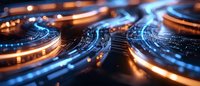 Futuristic technology background with glowing blue and orange circular patterns, digital network connections and light trails creating dynamic abstract composition.
