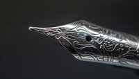 Close-up macro shot of ornate silver fountain pen nib with detailed engraving pattern and dark background, showing craftsmanship and luxury writing instrument detail.