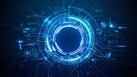 Futuristic blue digital technology background with glowing circular HUD interface and circuit board patterns for modern tech designs.