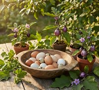 Fresh organic farm eggs in rustic wooden bowl surrounded by potted eggplant seedlings with purple flowers on sunny garden table for sustainable living.