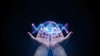 Human hands cupping glowing blue digital brain with neural network connections on dark background for technology and artificial intelligence concepts.