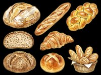 Assorted fresh baked bread collection isolated on transparent background. Includes sourdough, baguette, croissant, whole wheat, and rolls. Ready for bakery designs, menus, t-shirts, and print-on-demand products.