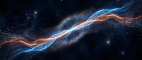 Glowing energy waves flow through cosmic space with blue and orange light trails against a starfield backdrop for science fiction and astronomy concepts.