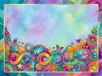 Colorful psychedelic border with infinity symbols, hearts, and abstract flowers on watercolor background. Vibrant design for greeting cards, posters, and creative projects.