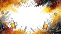 Oktoberfest beer festival frame with foaming mugs, hops, wheat, pretzels and decorative lights on warm autumn background for party invitations and celebrations.