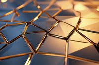 Connected metallic nodes and lines forming an abstract network structure with golden and blue tones, representing data connection, technology infrastructure, and digital communication systems.