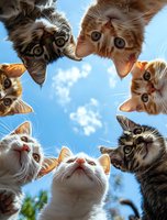 Curious cats looking down at camera in circle formation against blue sky with white clouds, creating playful and engaging perspective for pet photography.