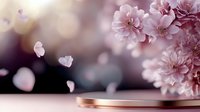 Soft pink cherry blossoms with golden wedding rings on elegant surface, romantic spring floral background with warm bokeh lights for wedding invitations.