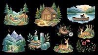 Camping and outdoor adventure isolated design elements on transparent background, ready for t-shirts, clipart, stickers, print-on-demand products, sublimation and digital crafts.