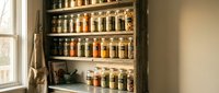 Vintage wooden spice rack with glass jars filled with colorful herbs and spices in rustic kitchen pantry storage organization for cooking and culinary preparation.