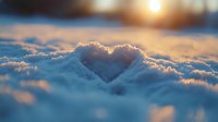 Heart-shaped depression in fresh snow illuminated by golden winter sunset light, creating magical atmosphere with bokeh effect and soft focus.