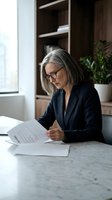 Mature woman with gray hair and glasses, wearing dark blazer, reviewing documents at marble desk in modern office with wooden shelving and plants.