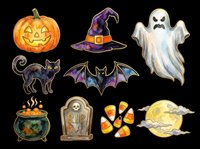 Spooky Halloween collection featuring jack-o-lantern pumpkin, witch hat, ghost, black cat, bat, cauldron, tombstone, candy corn, and full moon. Isolated on transparent background, ready for t-shirts, stickers, clipart, and print-on-demand designs.